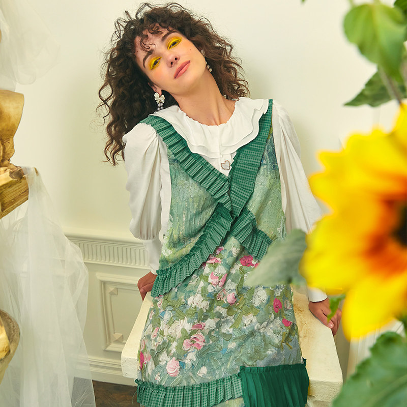 パーティードレス 花柄レース切替プリーツフリルベスト付きワンピース