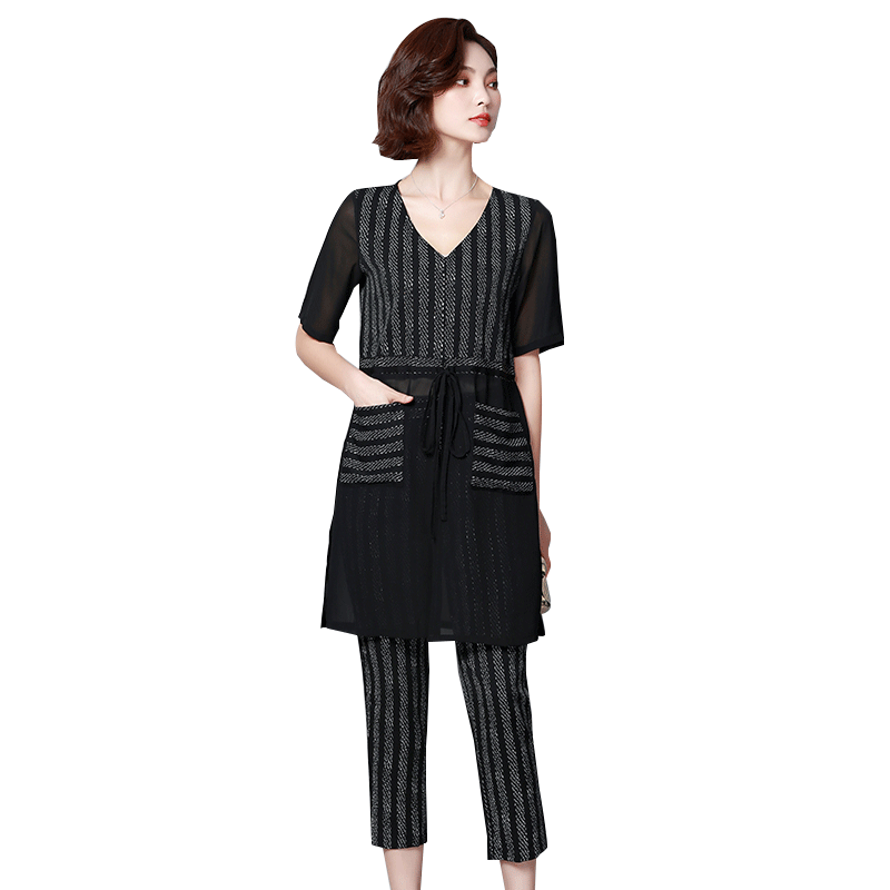 パーティードレス 透け感シフォン袖チュニック風パンツセットアップ