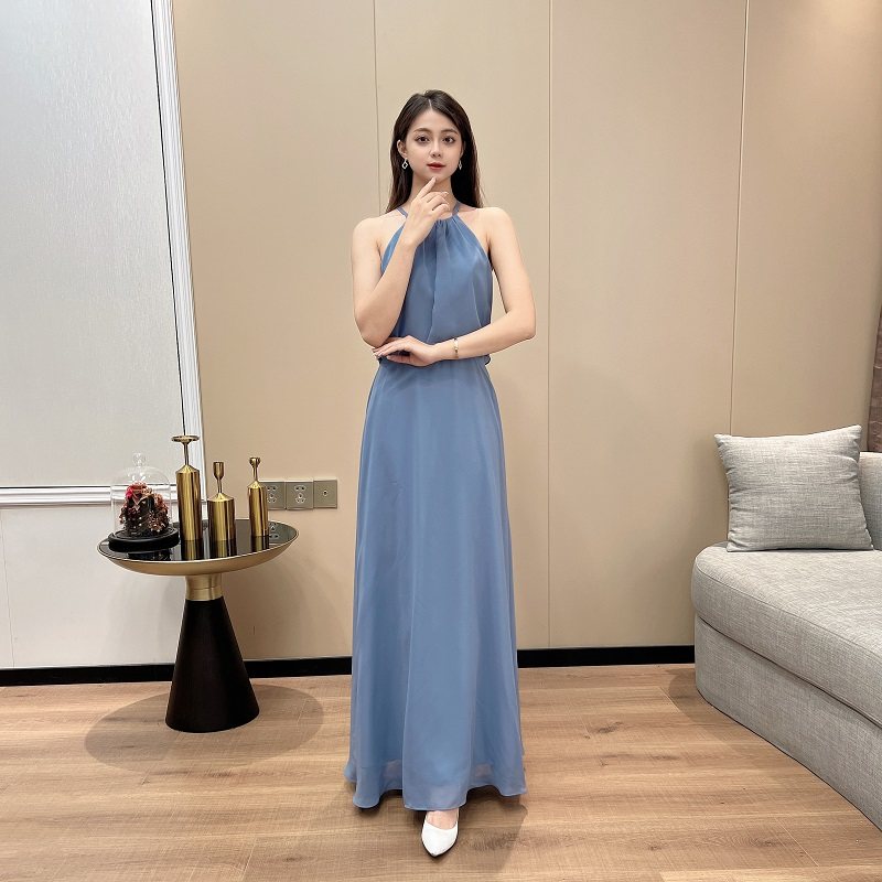 パーティードレス ホルターネック風深Vネックロング丈ワンピース