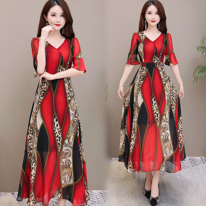 パーティードレス 豹柄スカーフ柄シフォンフレア袖ロング丈ワンピース