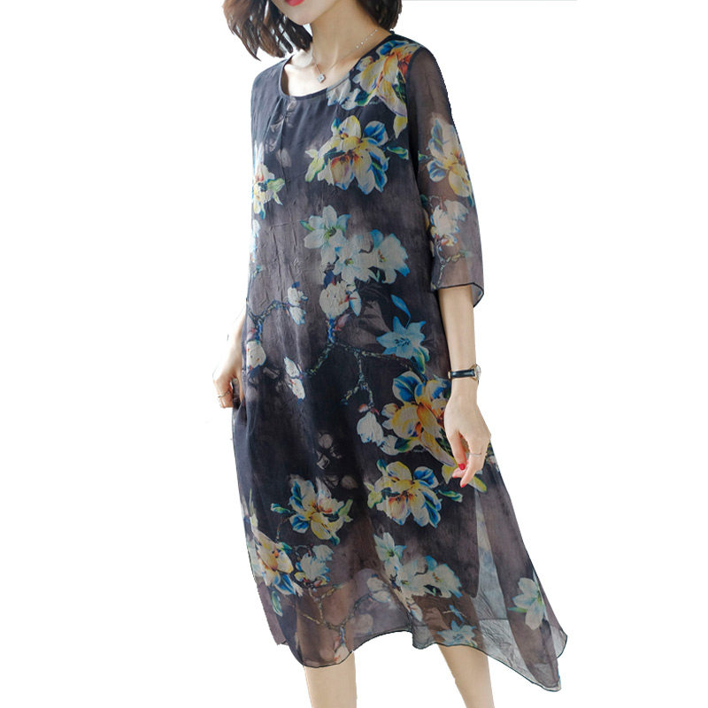 パーティードレス 花柄刺繍シアーチュール七分袖ワンピース