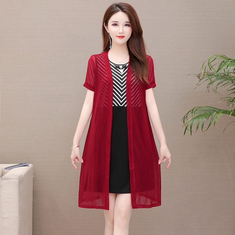 パーティードレス シアーロングカーディガン付きストライプ切替ワンピース