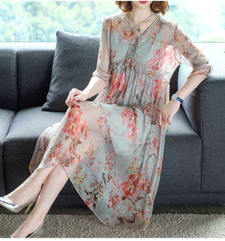 パーティードレス 花柄シフォン素材エレガント膝丈ワンピース