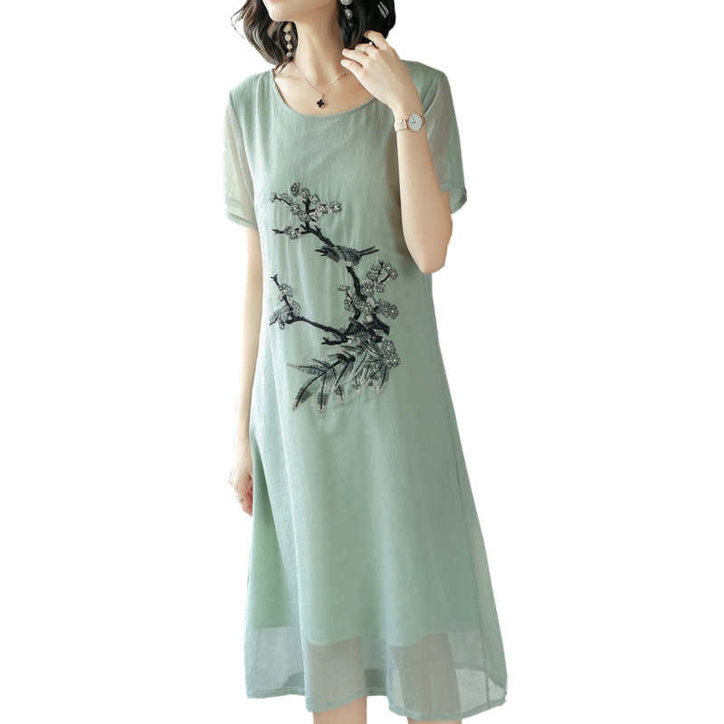 パーティードレス 梅花刺繍入り半袖シフォン膝丈ワンピース