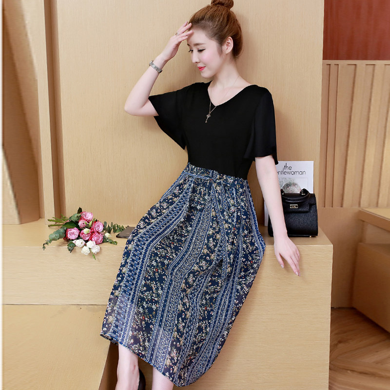 パーティードレス 花柄切替シフォンプリーツミディ丈ワンピース