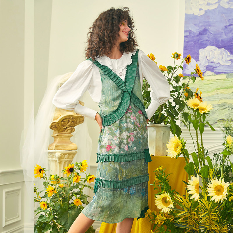 パーティードレス 花柄レース切替プリーツフリルベスト付きワンピース