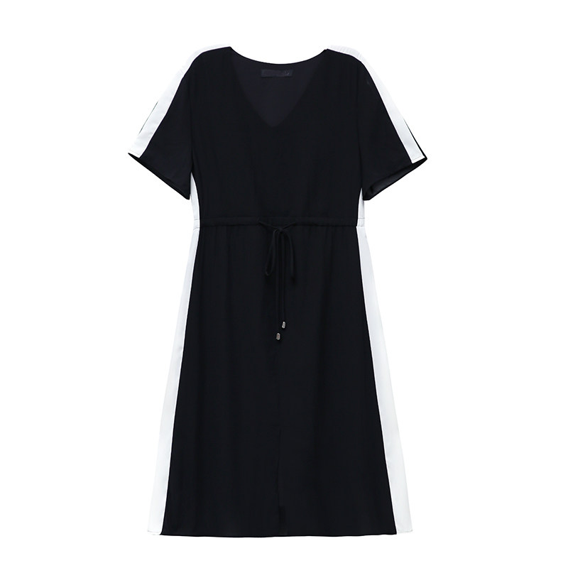 パーティードレス 袖ライン配色ウエストリボン付きブイネックワンピース