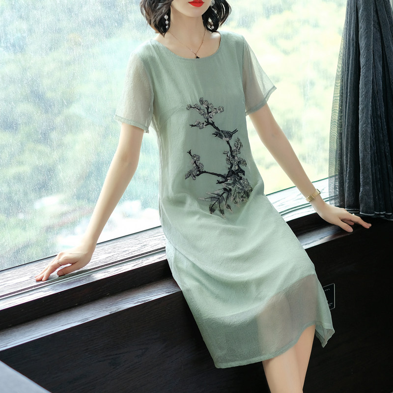 パーティードレス 梅花刺繍入り半袖シフォン膝丈ワンピース