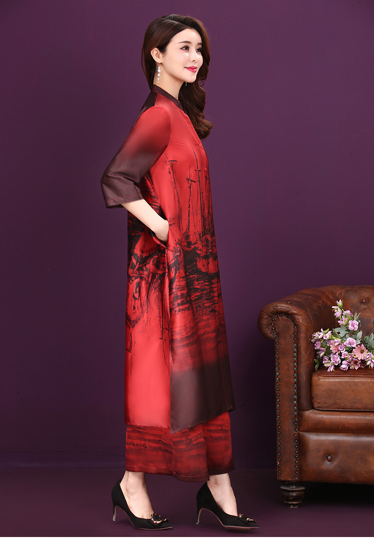 パーティードレス 東洋風景画プリント五分袖ロング丈ワンピース