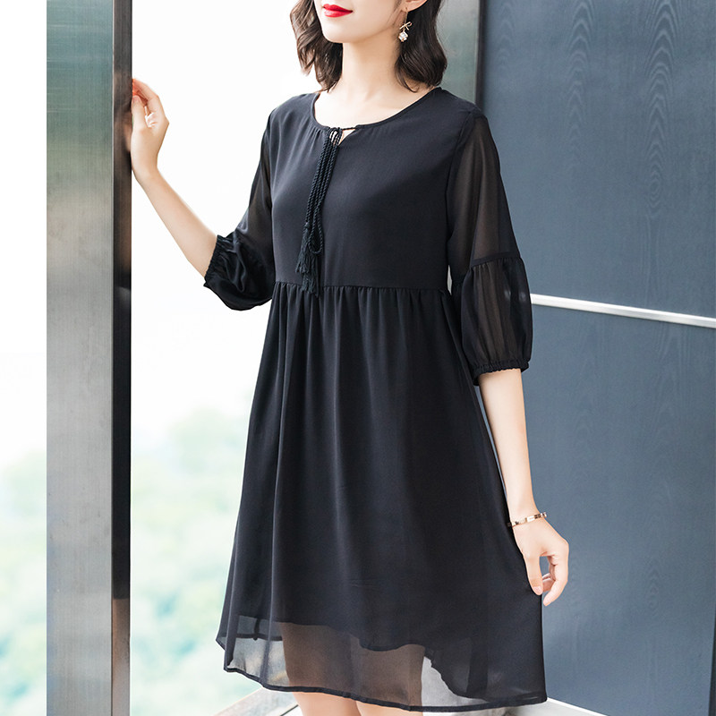 パーティードレス タッセル付きシフォン七分袖ワンピース