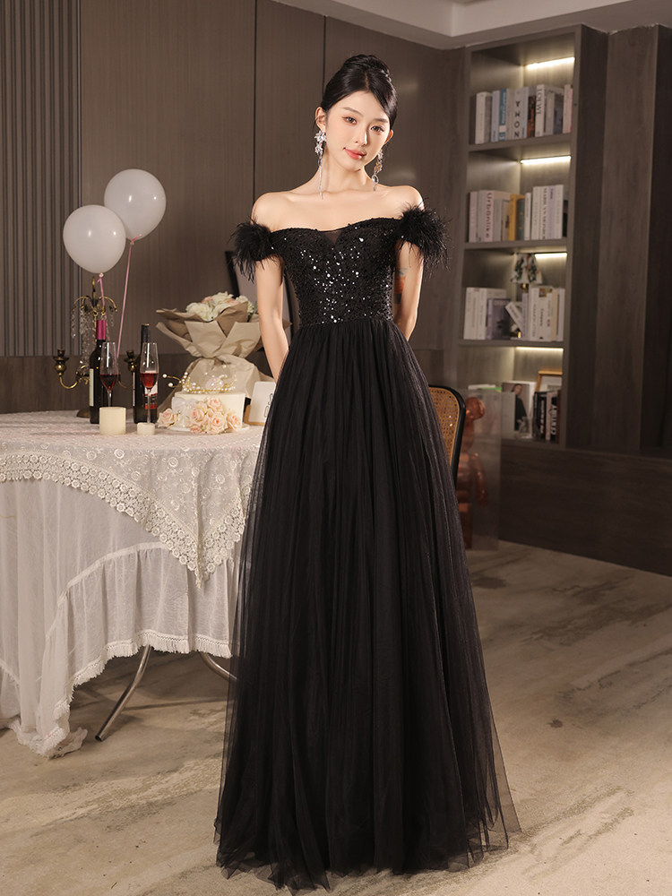 パーティードレス 羽根付きオフショルダースパンコール刺繍チュールワンピース