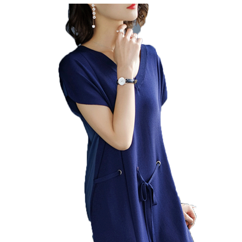 パーティードレス 裾紐調節可能なブイネック半袖ワンピース