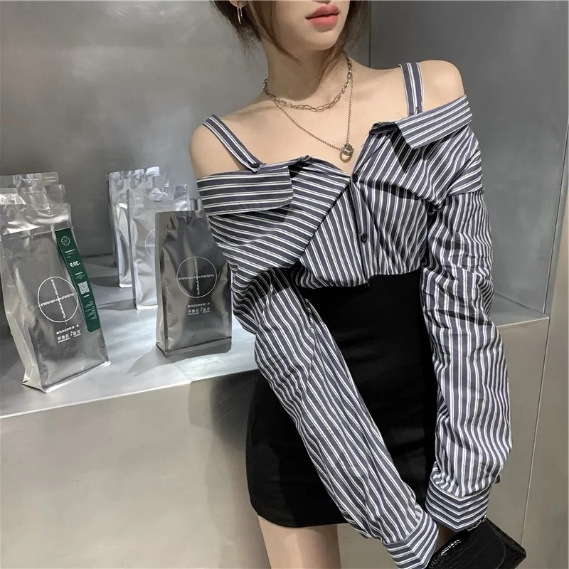 パーティードレス 肩見せストライプシャツ切替タイトワンピース