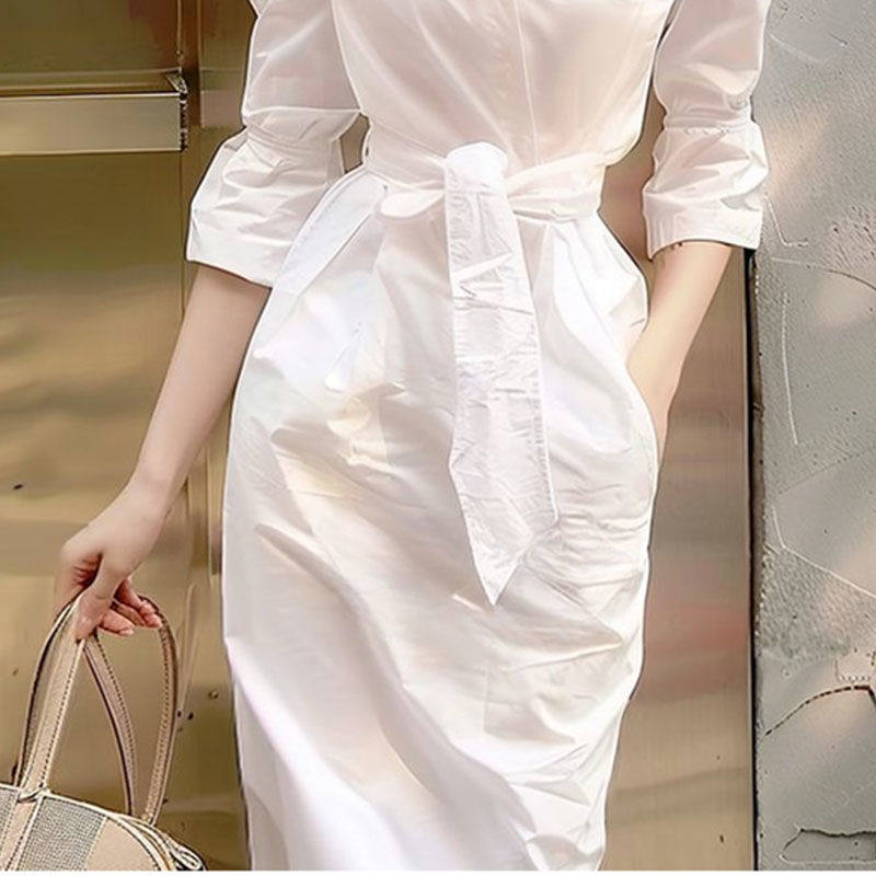 パーティードレス オフショルダー七分袖リボンベルト付きワンピース