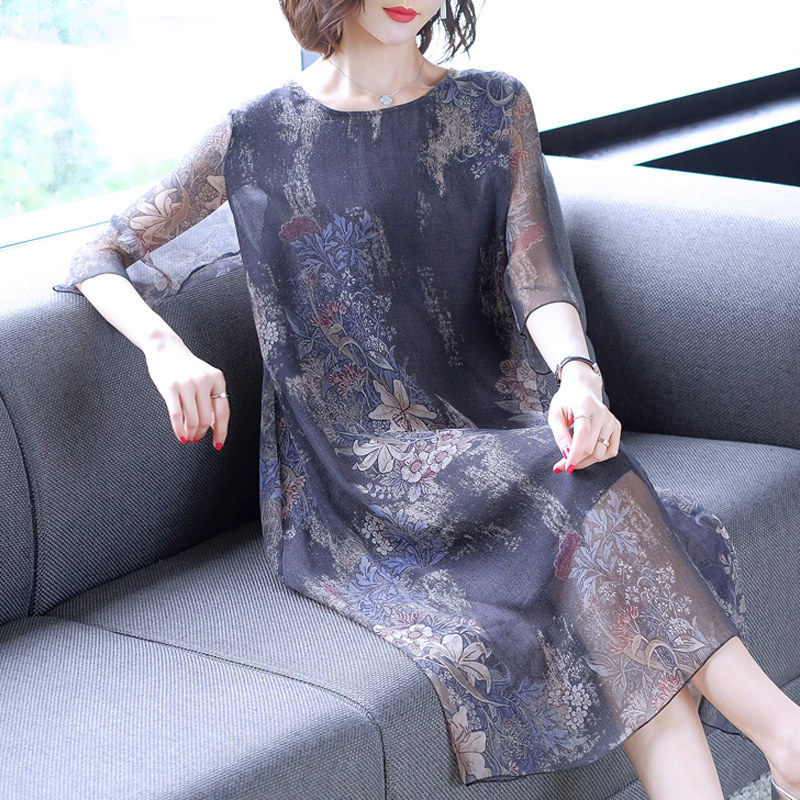 パーティードレス 花柄刺繍シアーチュール七分袖ワンピース