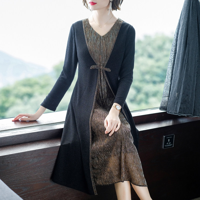 パーティードレス 異素材切替えリボンデザイン長袖ワンピース