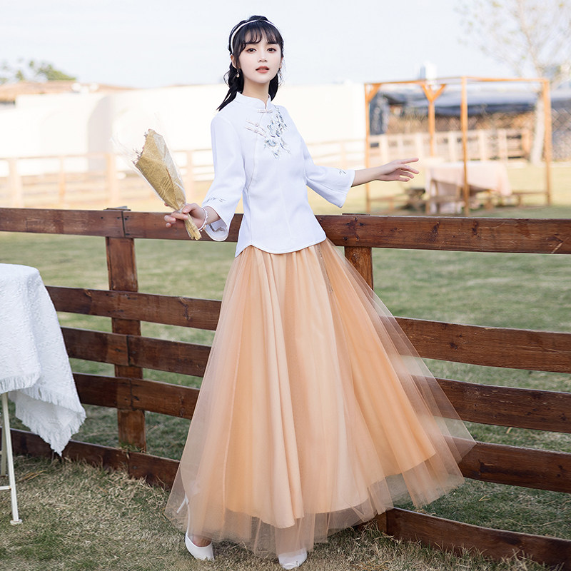 パーティードレス 中華風刺繍入りチュールスカート切替ワンピース