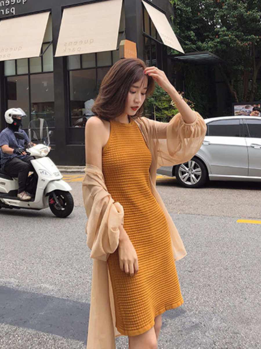 パーティードレス ホルターネックリブニットボディコンワンピース