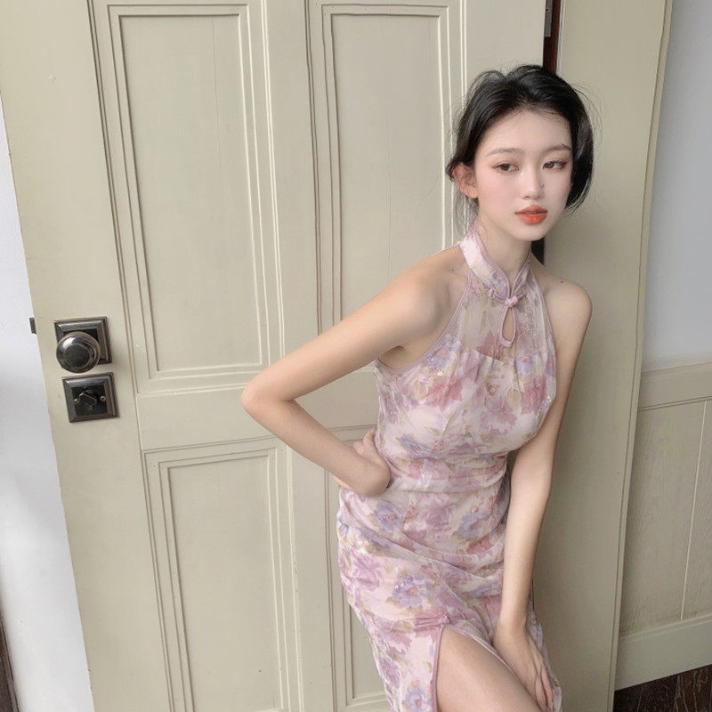 パーティードレス チャイナ風スリット入りエレガント花柄ワンピース