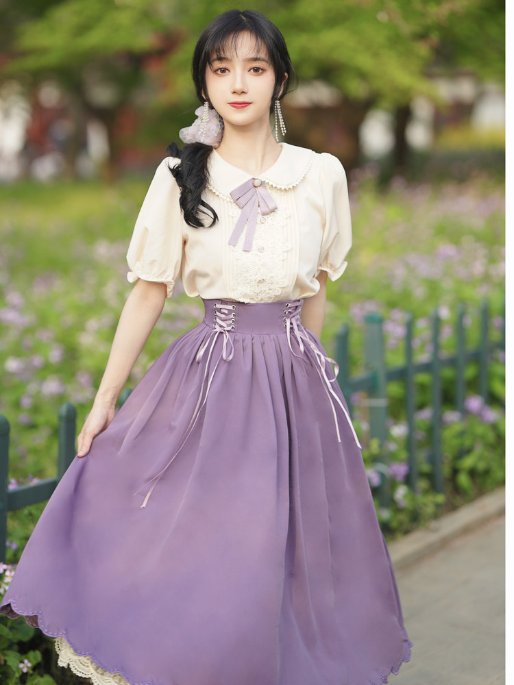 パーティードレス パフスリーブリボン付きロングボリュームスカートワンピース