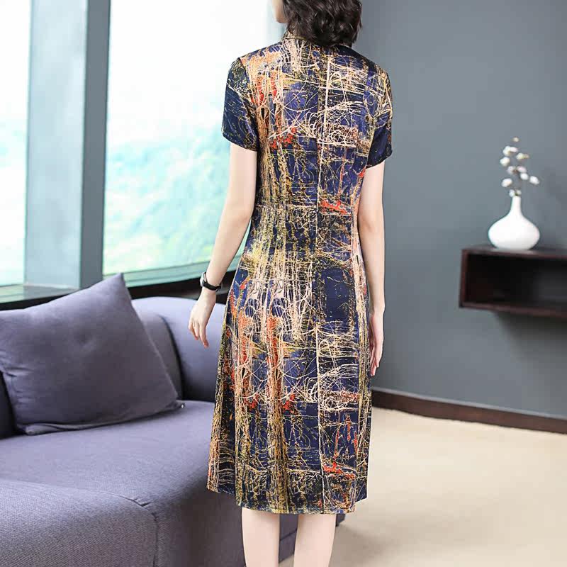 パーティードレス 抽象柄半袖チャイナカラーワンピース