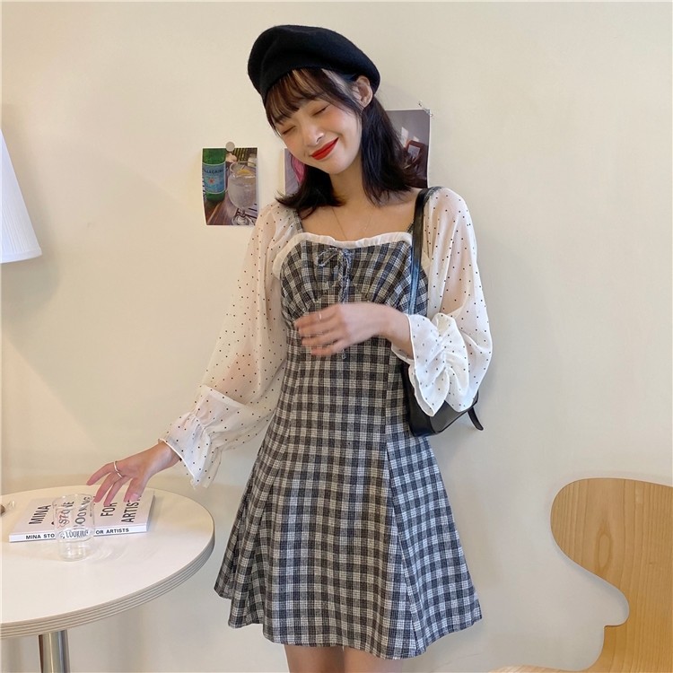 パーティードレス 格子柄ビスチェ風シアー袖切替ワンピース