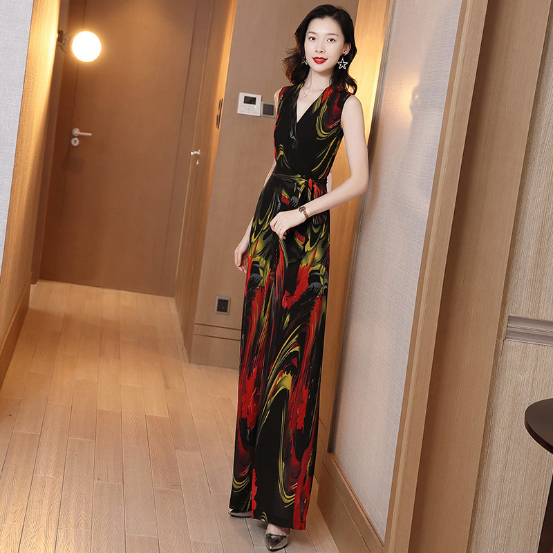 パーティードレス アート柄ノースリーブロング丈ワンピース