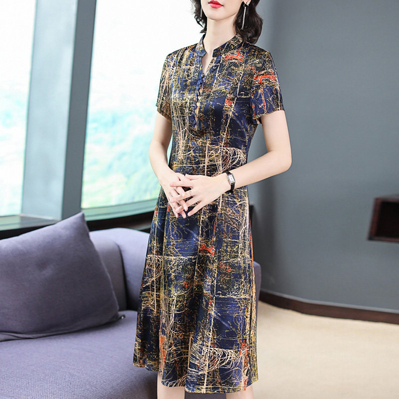 パーティードレス 抽象柄半袖チャイナカラーワンピース
