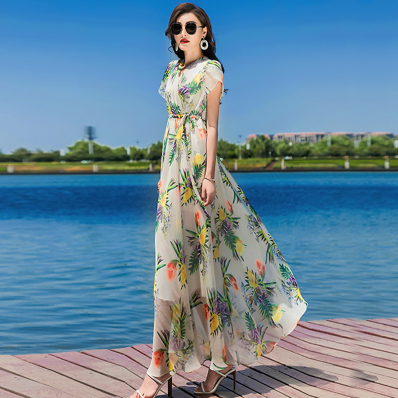 パーティードレス 南国ボタニカル柄シフォンマキシ丈ワンピース