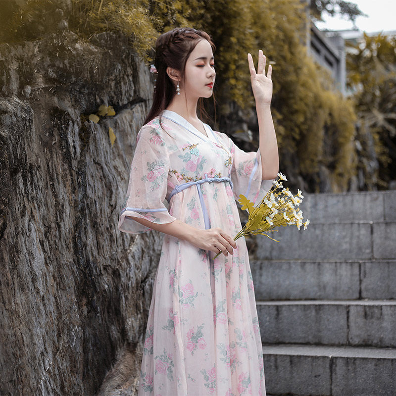 パーティードレス 花柄シフォン襟付き五分袖ワンピース