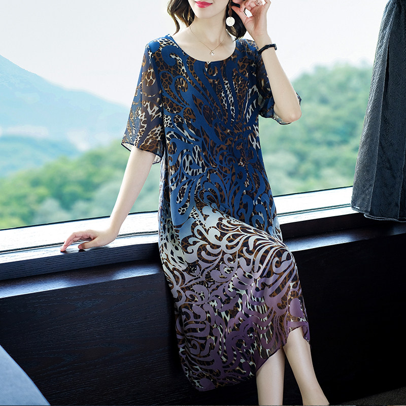 パーティードレス グラデーション柄シフォン五分袖膝丈ワンピース