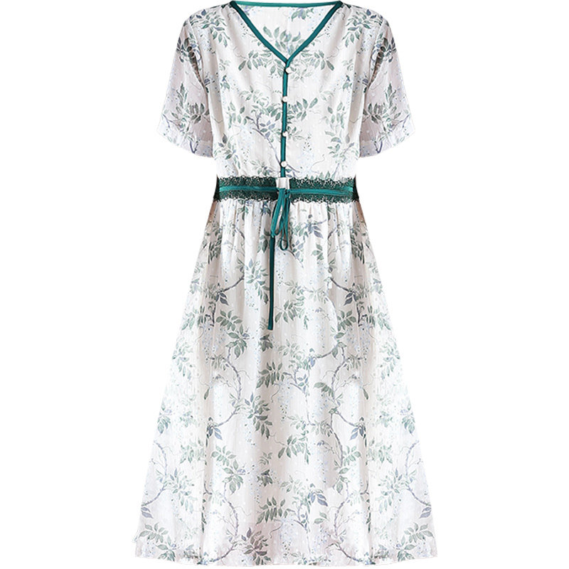 パーティードレス ボタニカル柄Vネック半袖ウエストリボンワンピース