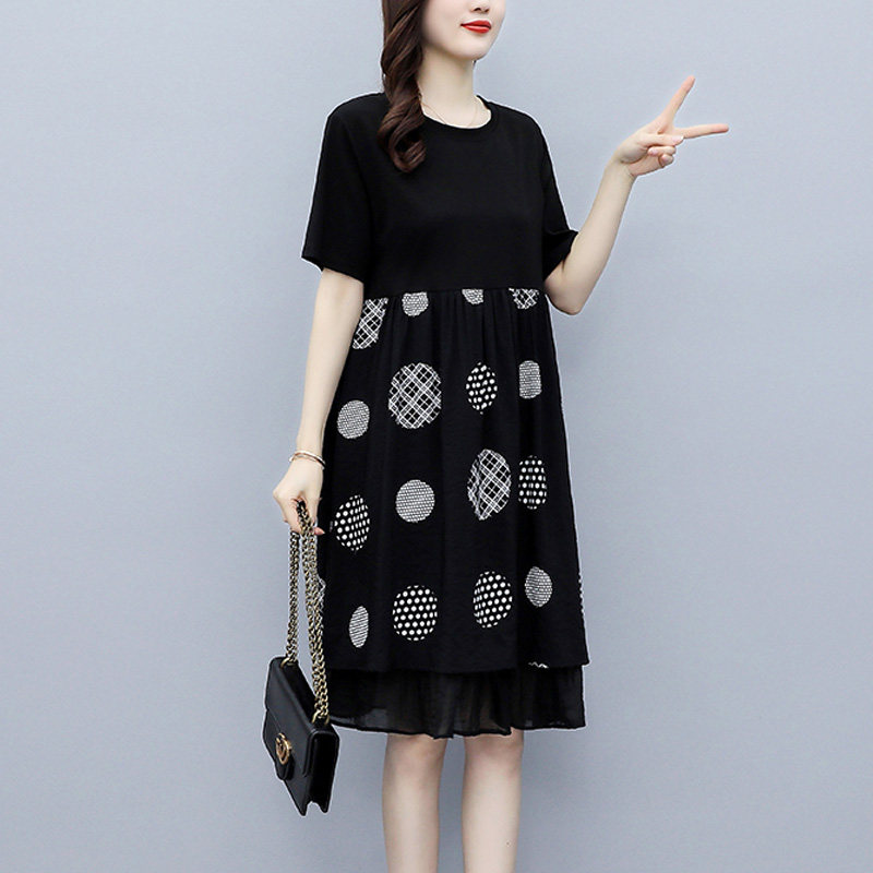 パーティードレス 幾何学模様の二重裾デザイン半袖ワンピース