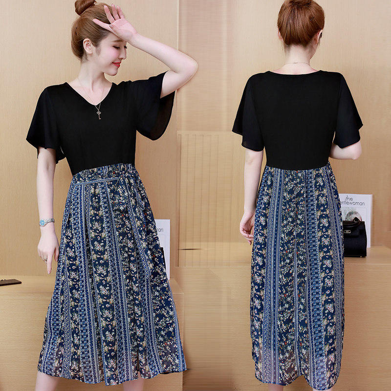 パーティードレス 花柄切替シフォンプリーツミディ丈ワンピース