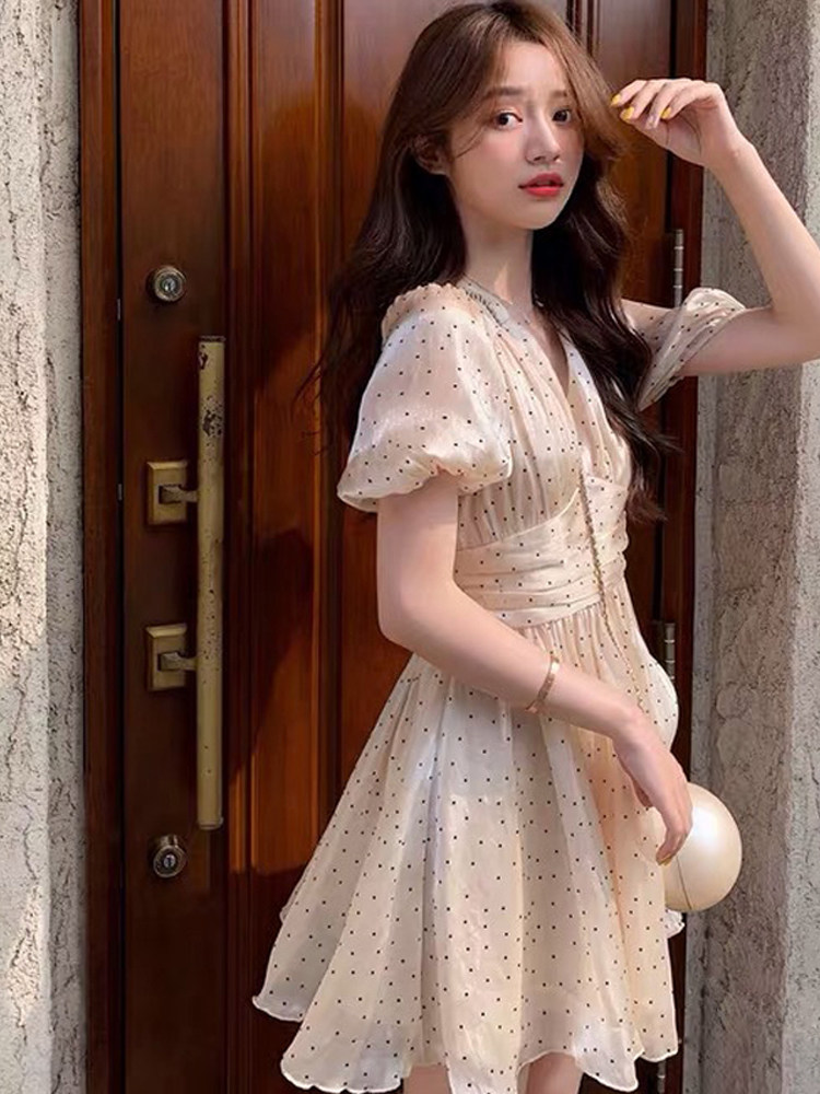 パーティードレス 星空ドット刺繍チュールパフスリーブワンピース