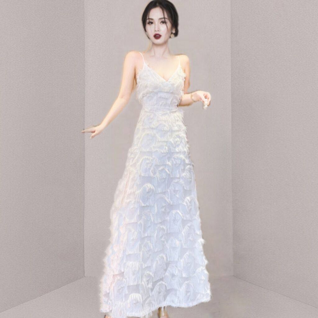 パーティードレス 立体フリンジ装飾キャミソール丈長ワンピース