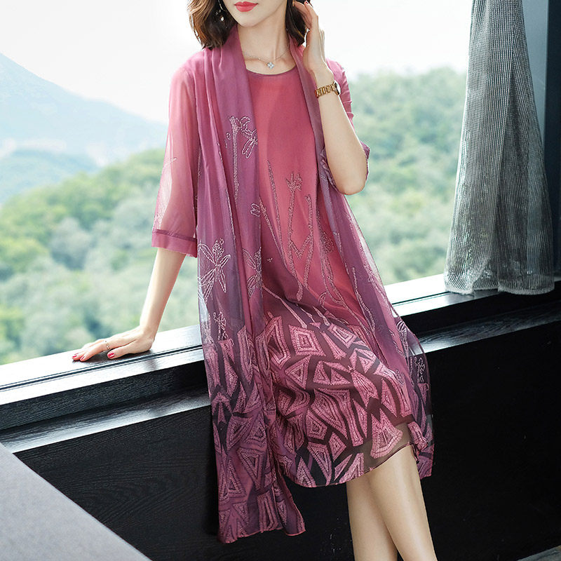 パーティードレス 幾何学刺繍シフォンストール付き二点セットワンピース