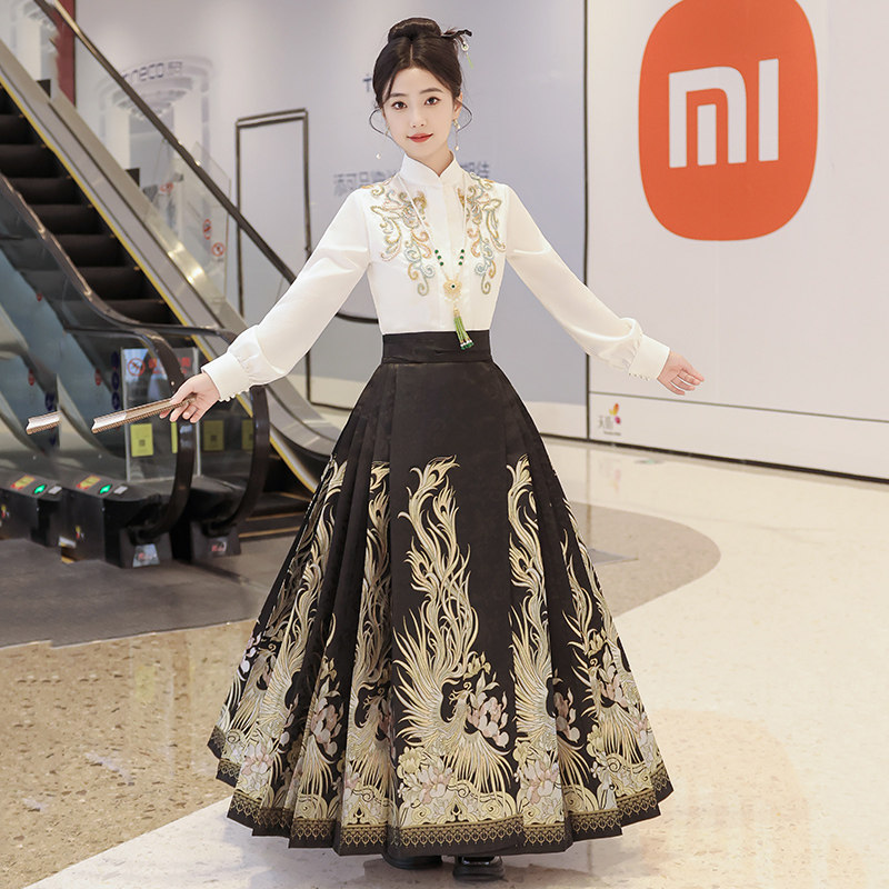 パーティードレス 鳳凰刺繍入りチャイナカラー切替ロング丈ワンピース