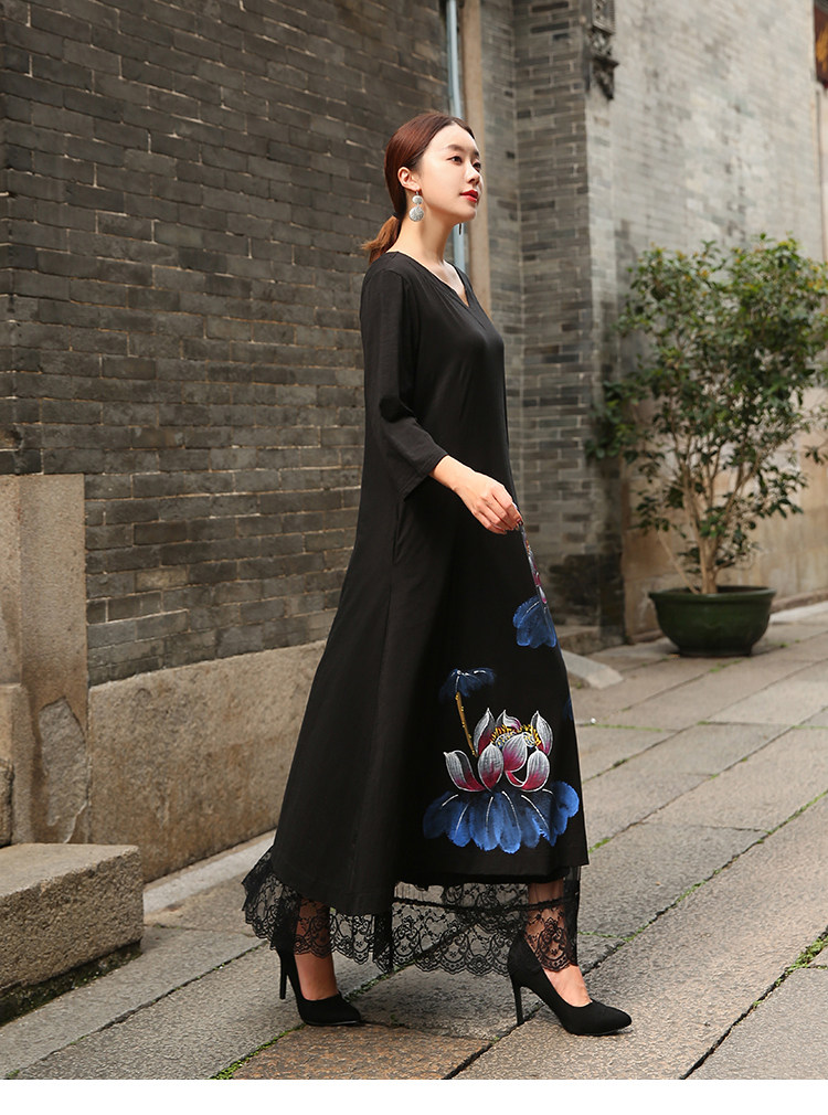 パーティードレス 蓮の花刺繍レース裾重ね着風長袖ワンピース