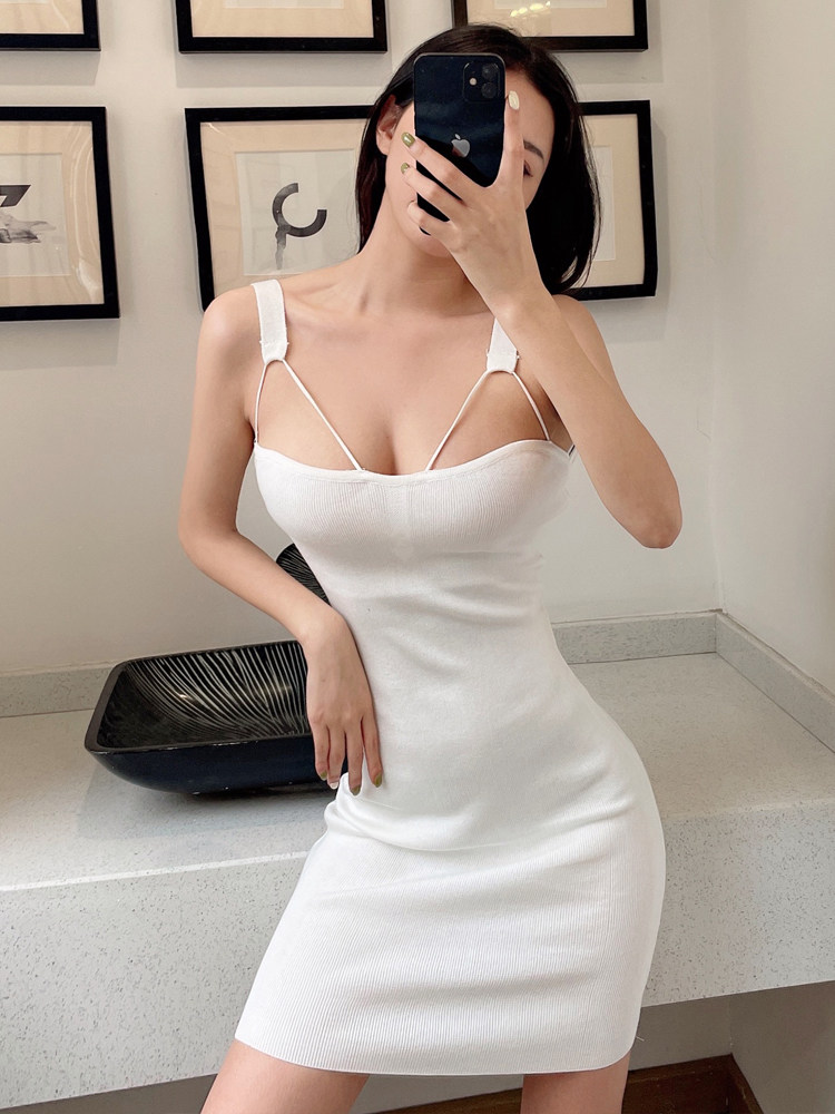 パーティードレス 細見えリブニットキャミソールミニ丈ワンピース