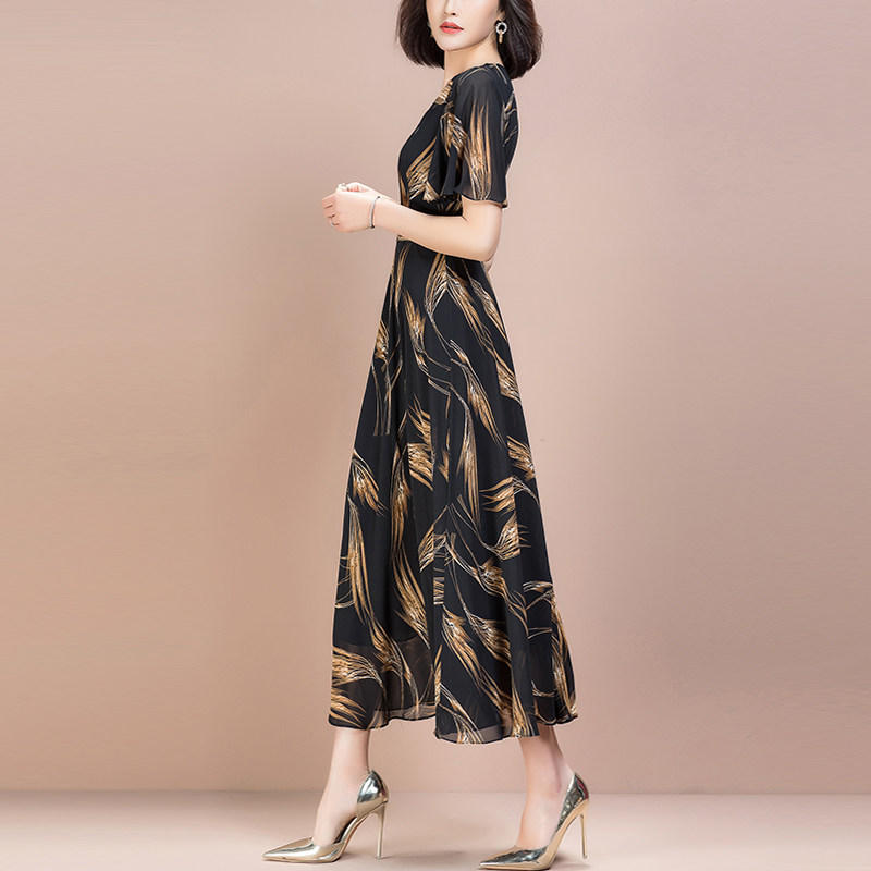 パーティードレス 羽根柄シフォンフレア袖ロング丈ワンピース