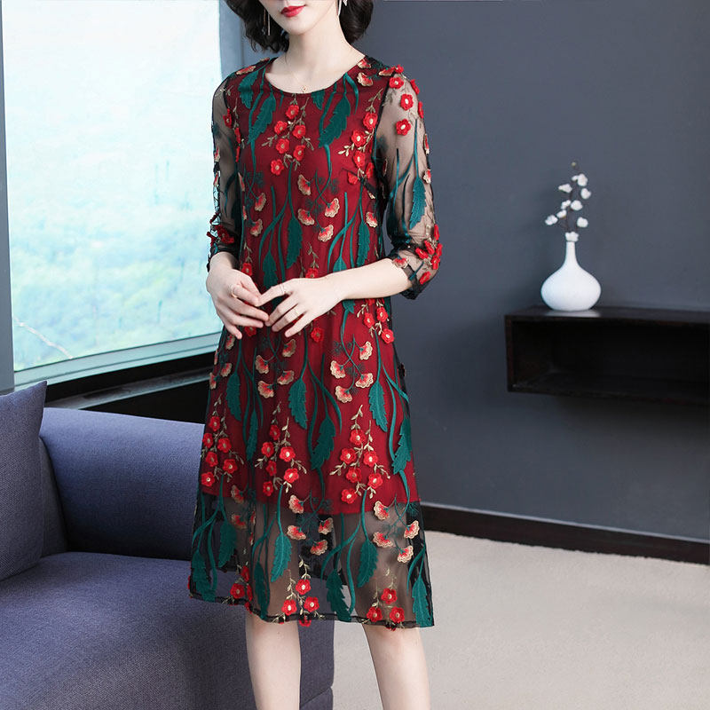 パーティードレス 花刺繍シースルー袖エレガントワンピース