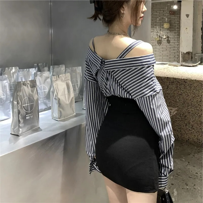 パーティードレス 肩見せストライプシャツ切替タイトワンピース