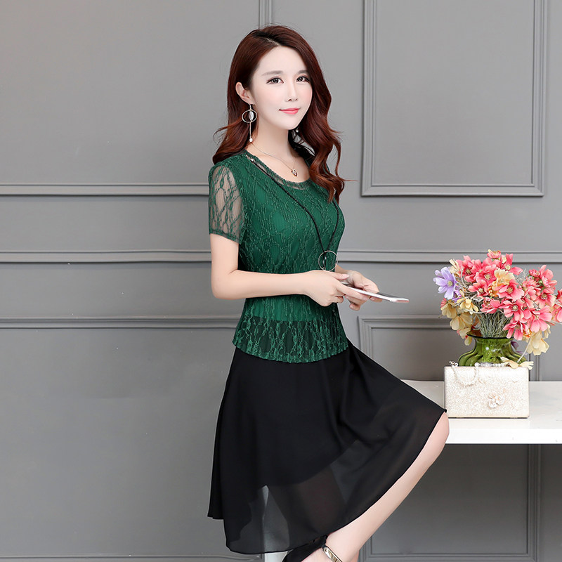 パーティードレス 総レース切替シフォンフレア膝丈ワンピース