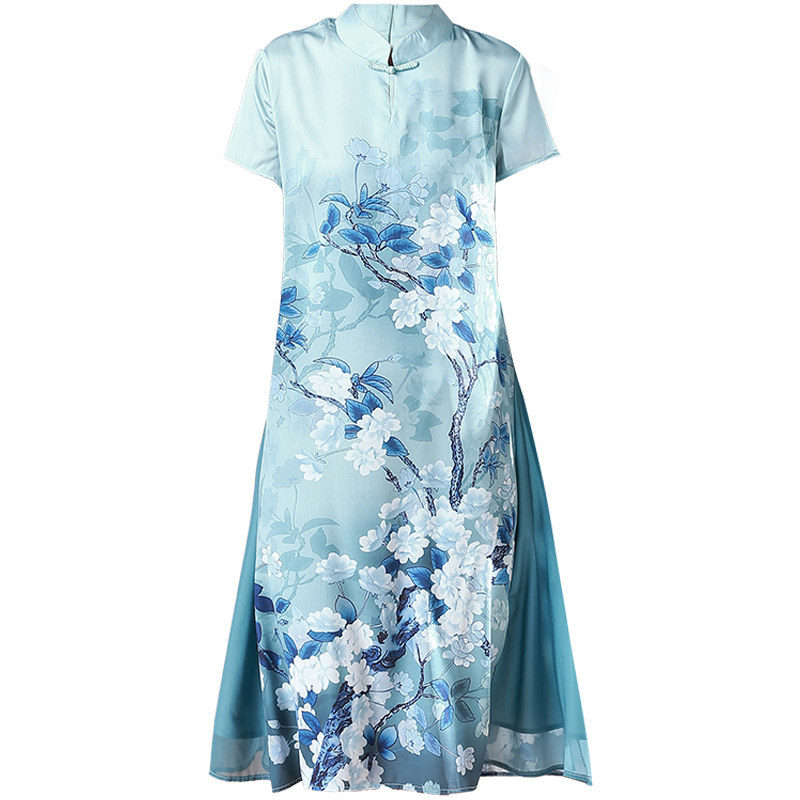 パーティードレス 花鳥柄チャイナ風半袖膝丈ワンピース
