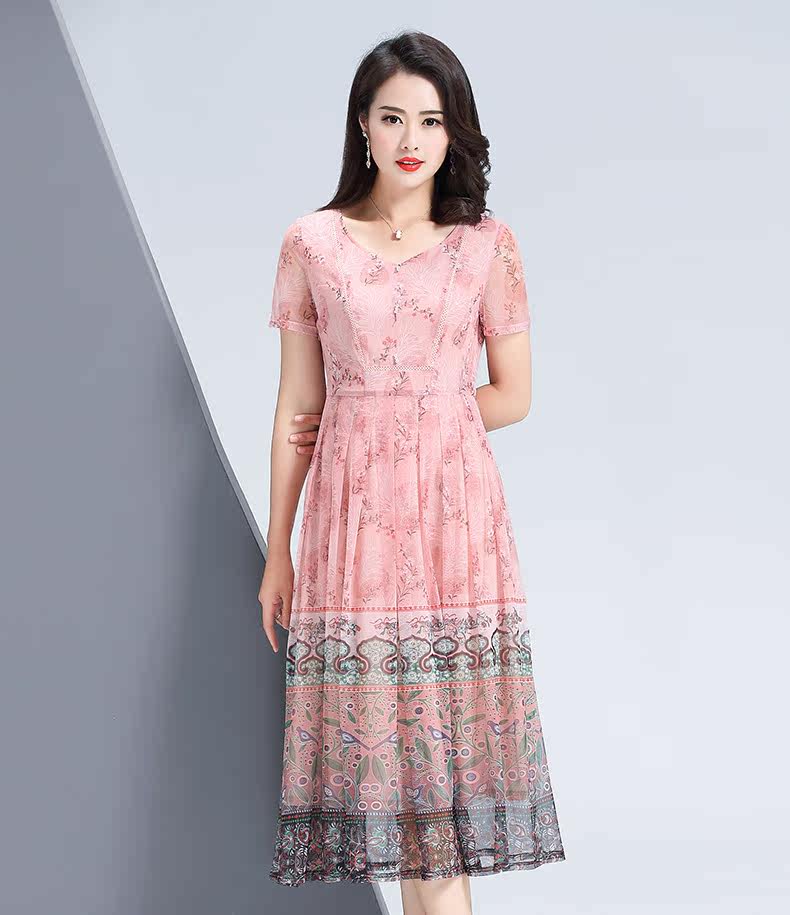 パーティードレス 花柄刺繍レース切替半袖ミモレ丈ワンピース