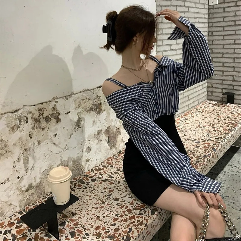 パーティードレス 肩見せストライプシャツ切替タイトワンピース