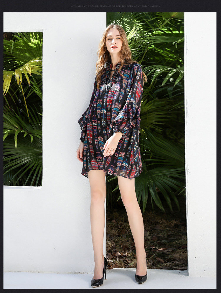 パーティードレス エスニック羽根柄フリル袖シフォンワンピース