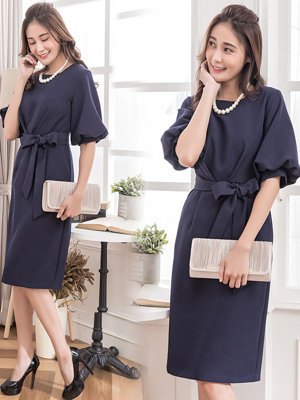 パーティードレス パール付きフレア袖ウエストリボンワンピース