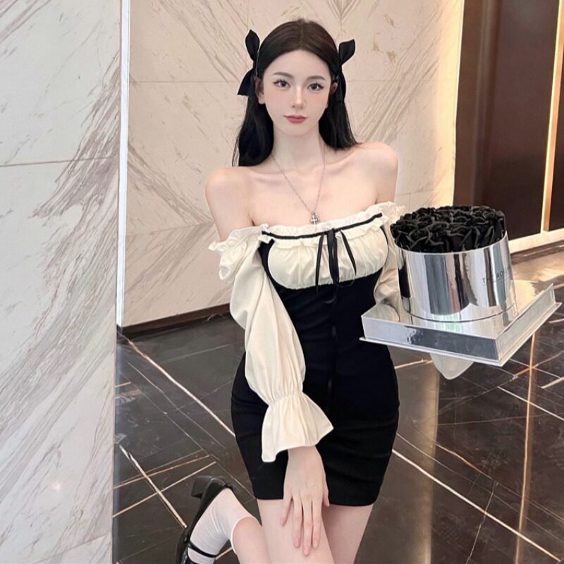 パーティードレス オフショルダーバルーンスリーブミニ丈ワンピース